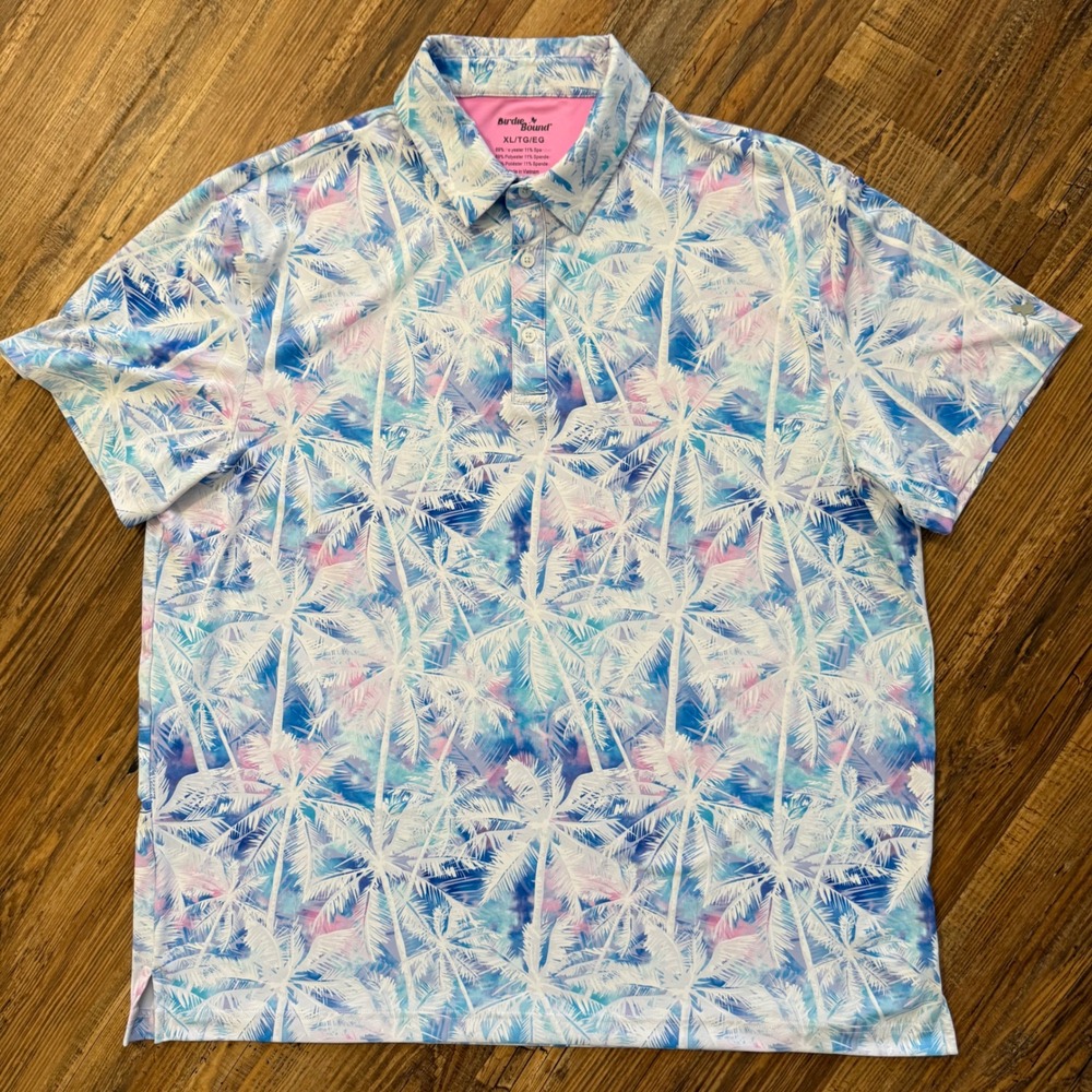 Birdie Bound Golf Polo Mens XL Floral Watercolor Palm‎ Tree Tropical Performance